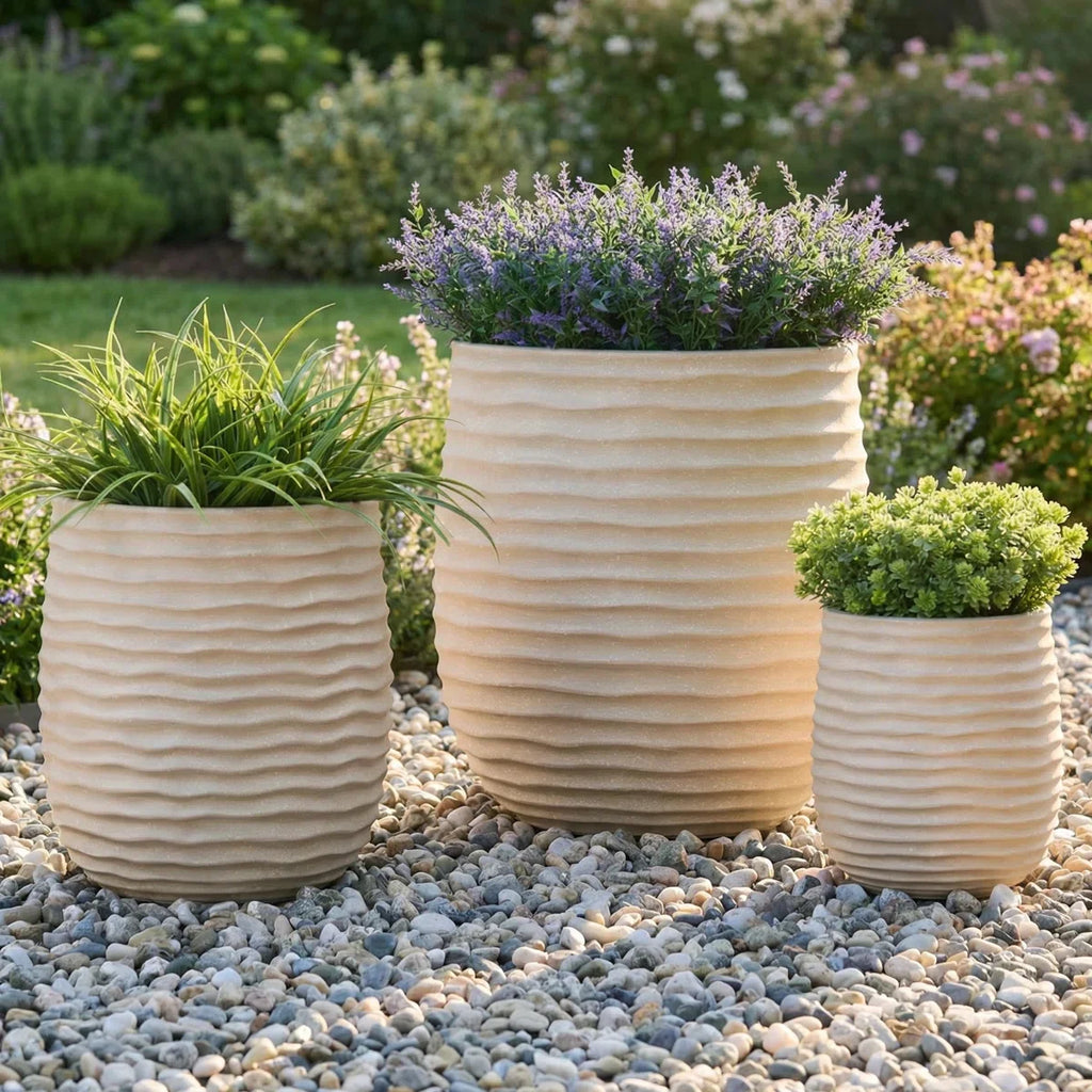 3-Piece Wavy Texture Concrete Planter Set 15”, 11”, 7.8” Dia Round