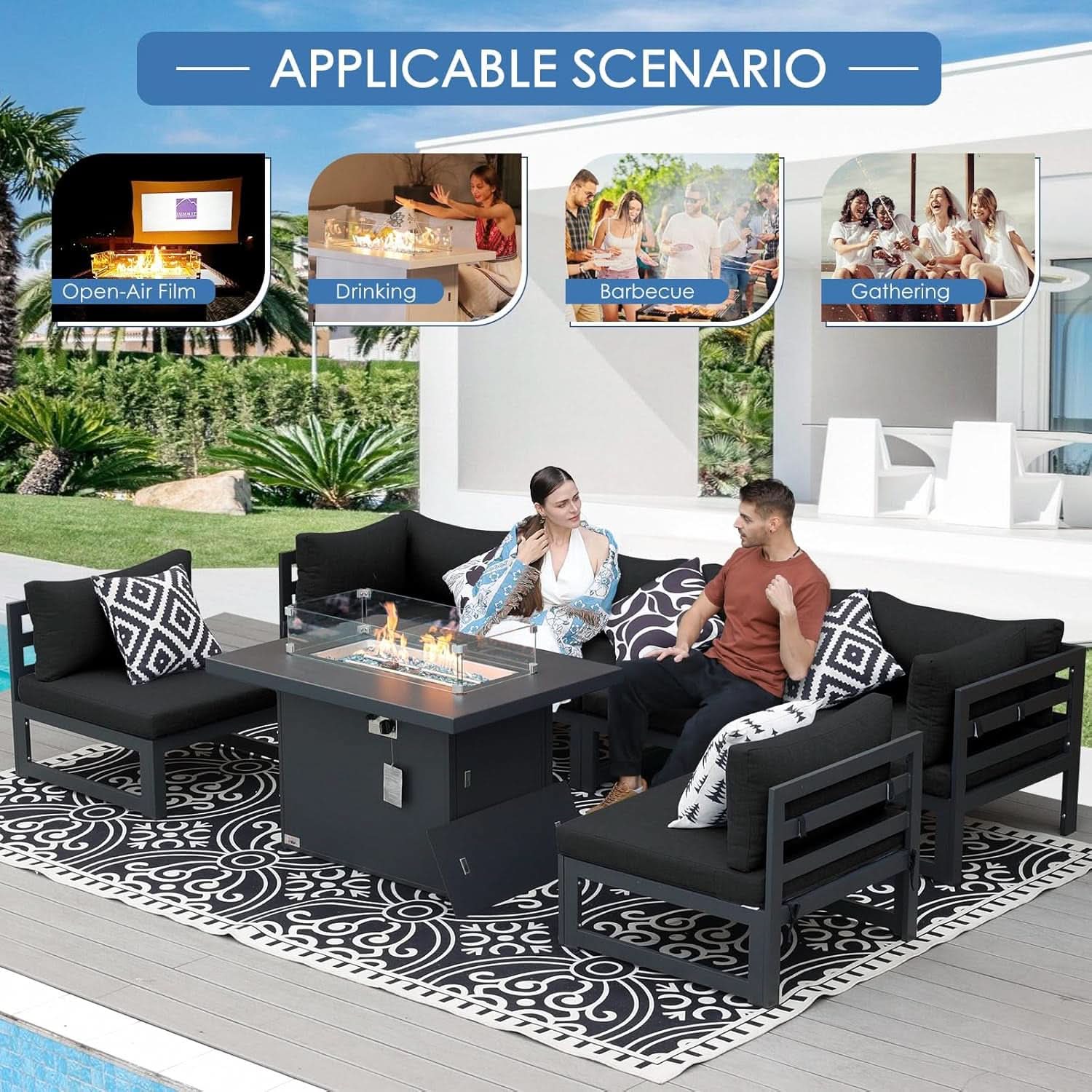 Grey Aluminum Outdoor Patio Set With Fire Pit Table 29 Inch Seating