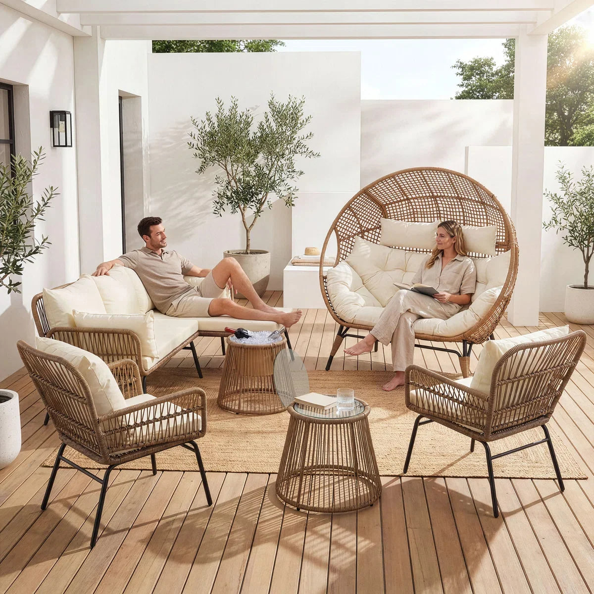 6 - Piece Outdoor Boho Patio Conversation Set with 2-Person Egg Chair and Ice Bucket Table