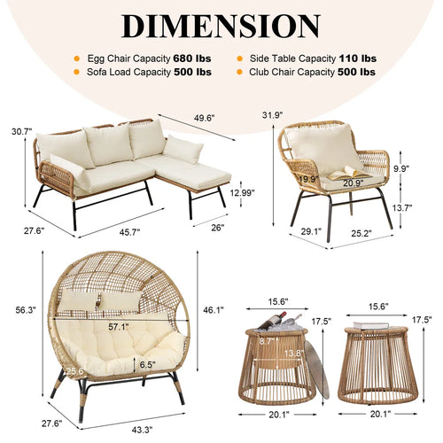 6 - Piece Outdoor Boho Patio Conversation Set with 2-Person Egg Chair and Ice Bucket Table