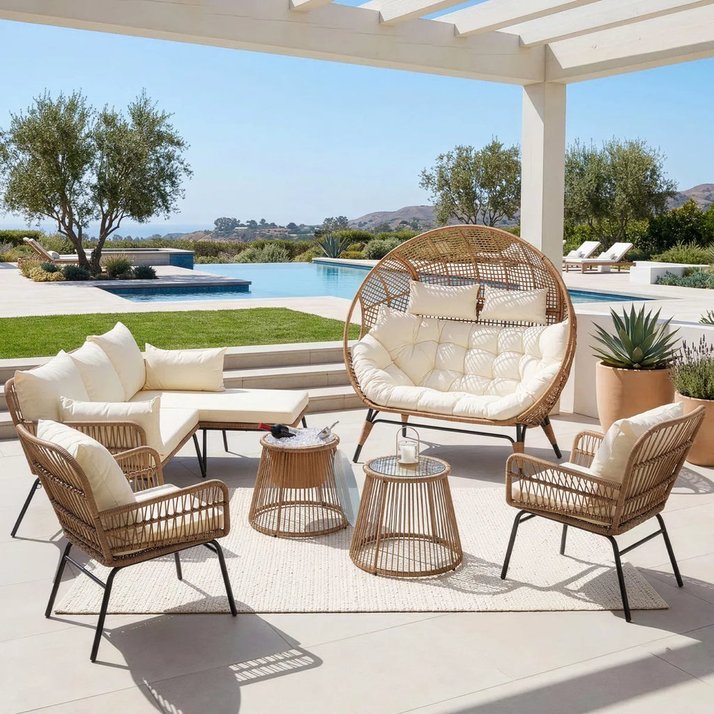6 - Piece Outdoor Boho Patio Conversation Set with 2-Person Egg Chair and Ice Bucket Table