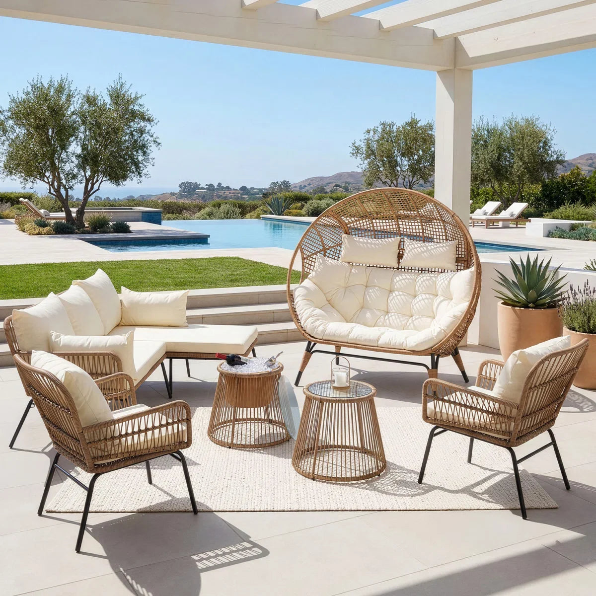 6 - Piece Outdoor Boho Patio Conversation Set with 2-Person Egg Chair and Ice Bucket Table
