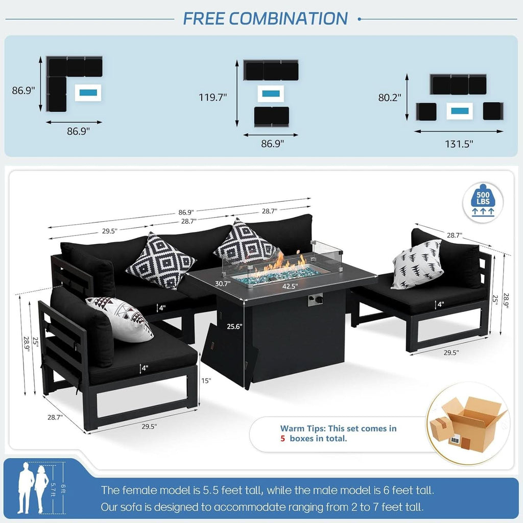 Grey Aluminum Outdoor Patio Set With Fire Pit Table 29 Inch Seating