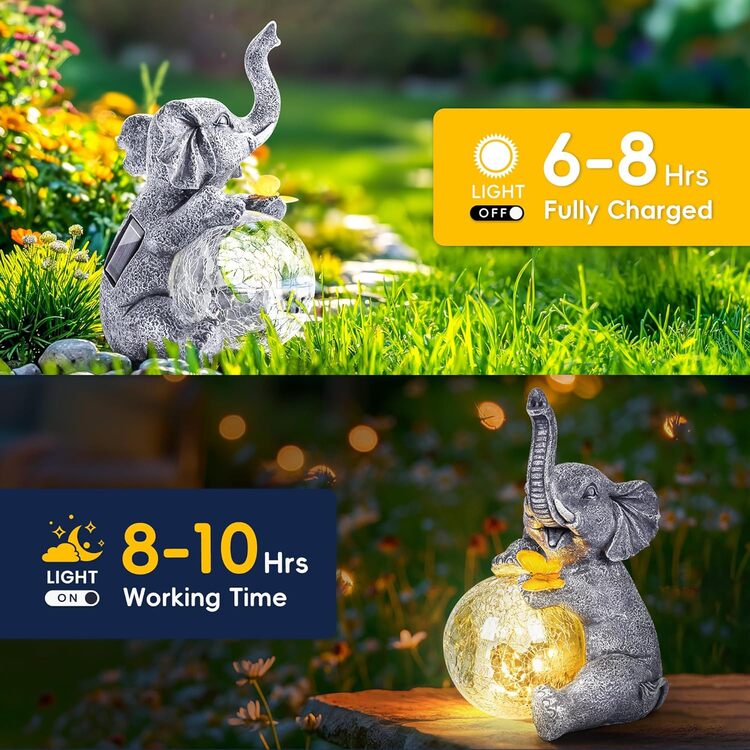 Gigalumi Outdoor Solar Elephant Garden Statue Decor with Glass Globe Light(1 Pack)