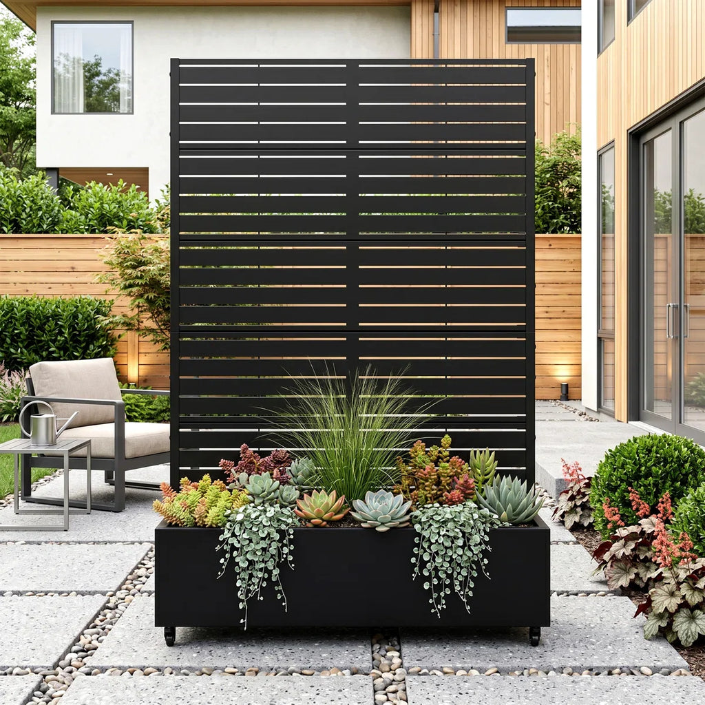 Outdoor Metal Rectangular Planter Box with Trellis and Wheels